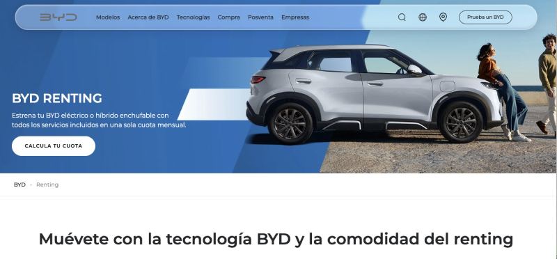BYD lanza su portal de renting en España con cuotas desde 221,88 € al mes
